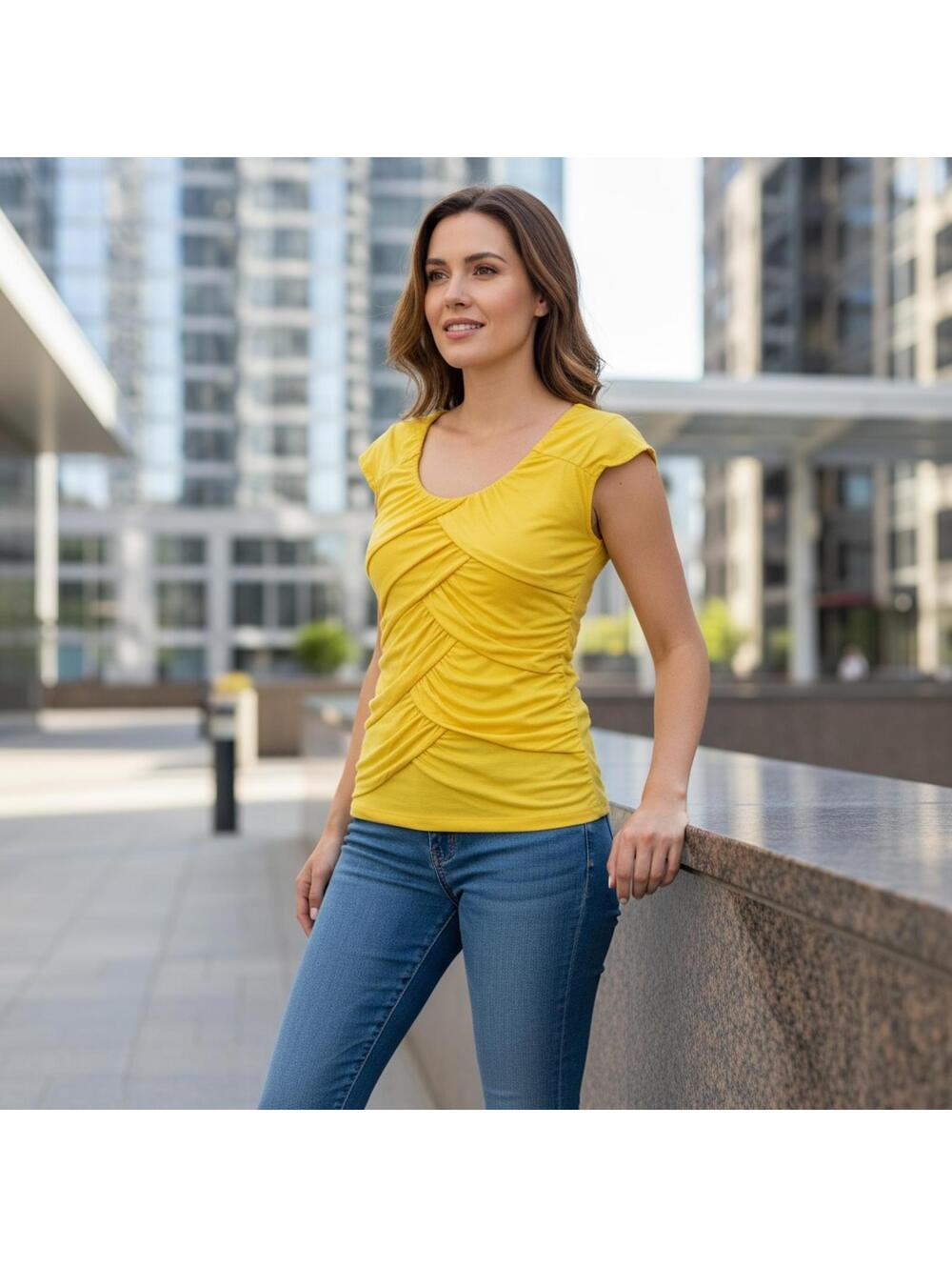 Maurices Yellow Ruched Short Sleeve Top Size L